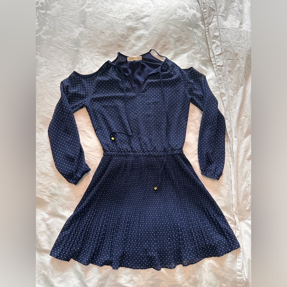 Michael Kors polkadot, navy long sleeve chiffon mini sun dress